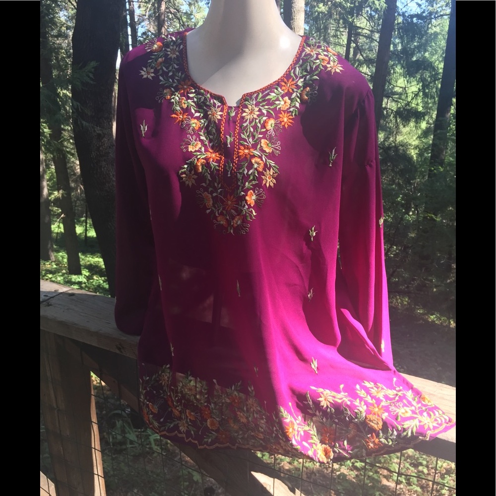 Tunic blouse in raspberry purple with embroidery burgundy maroon blouse